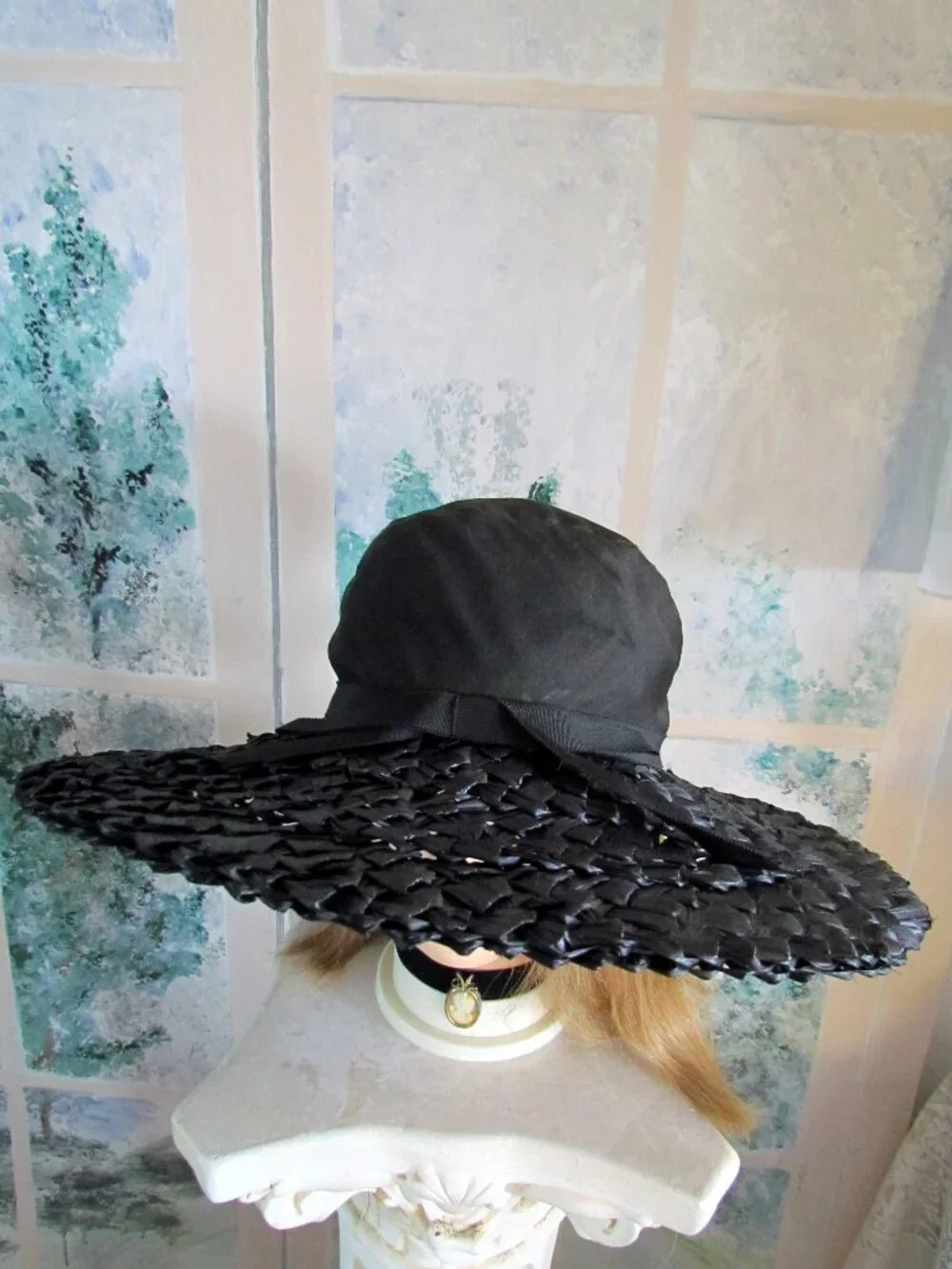 1920s MR. JOHN BLACK HAT, WIDE STRAW w COLLAPSIBLE CROWN, HARRE TATOU LABEL